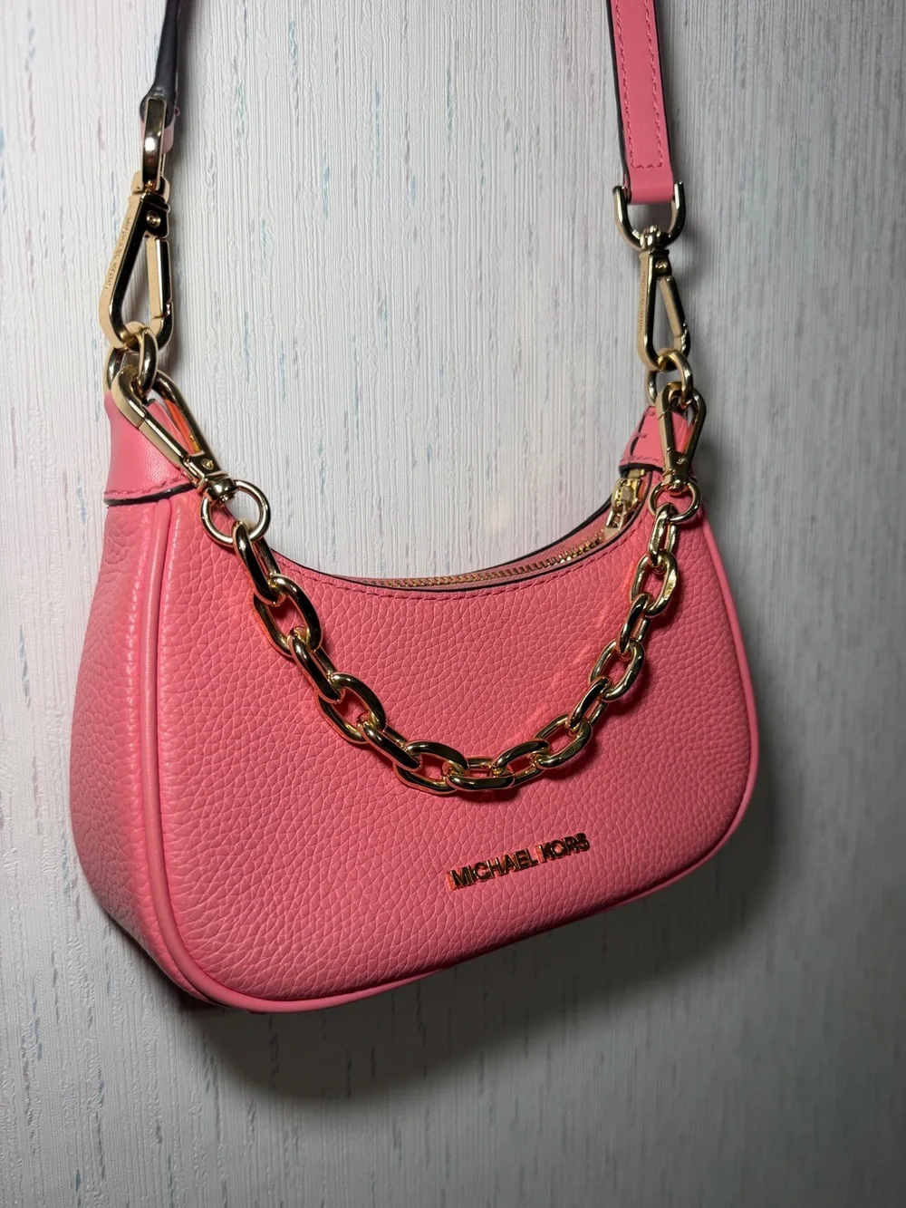 Michael Kors Pink Pebble Leather Shoulder Bag with Gold Chain Strap